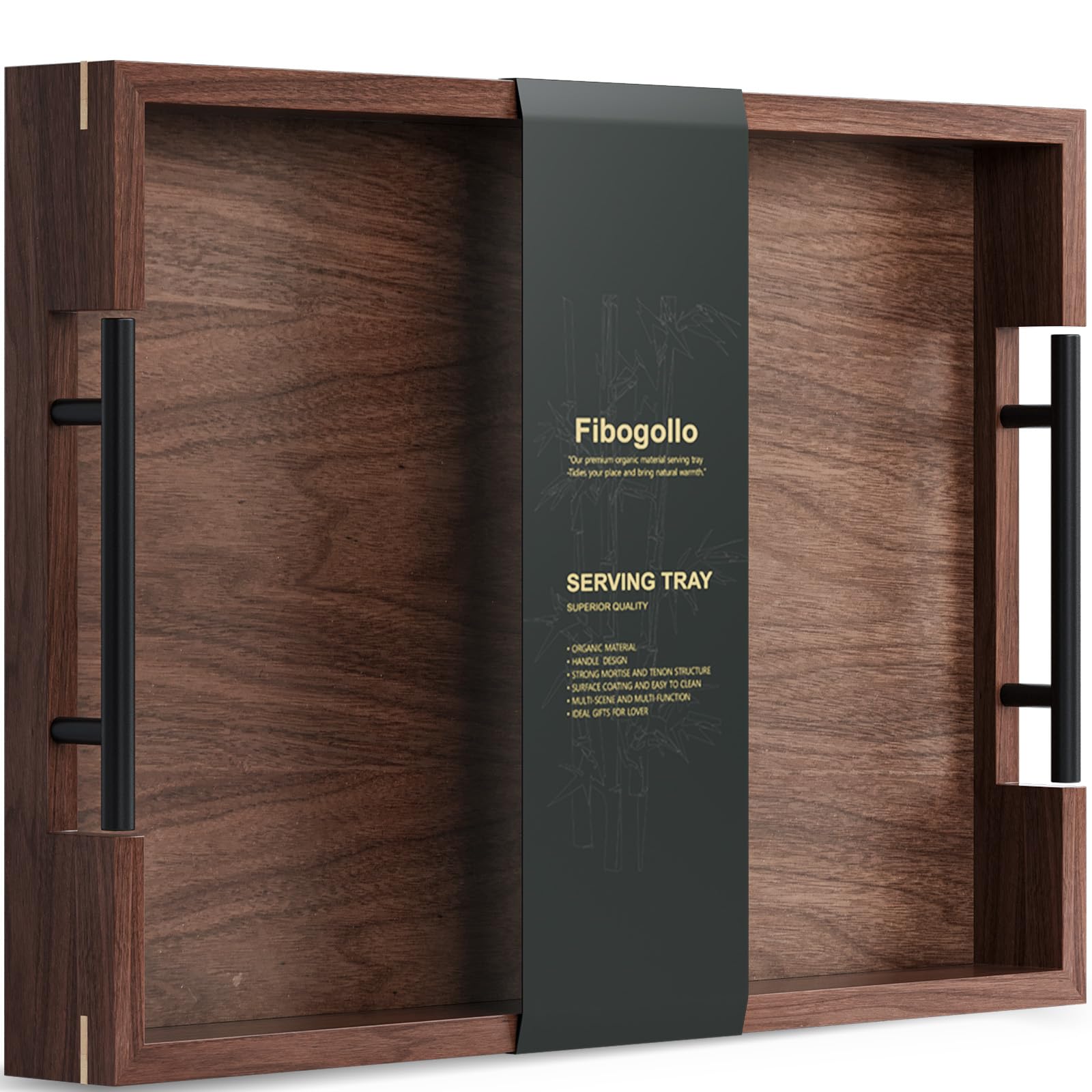 Fibogollo Walnut Wood Serving Tray with Metal Handles,43 * 30cm Ottoman Decorative Trays Platter for Coffee Table,Living Room,Bar,Party(Large)