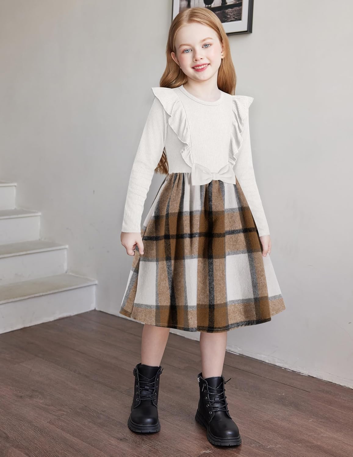 Arshiner Girls Fall Winter Dress Plaid Ribbed Ruffles Long Sleeve Dresses Cute Bowknot Little Girls Clothes 2-6 Years - Image 4