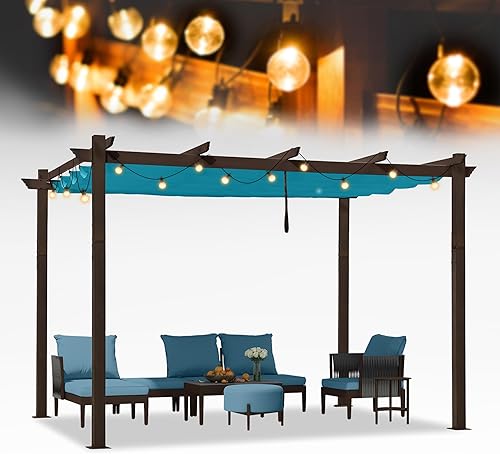 Miniatura 15 de PURPLE LEAF Pérgola de metal retráctil de 10 x 12 pies con toldo y cubierta de sombra para jardín, patio, terraza de playa, cenador, color blanco