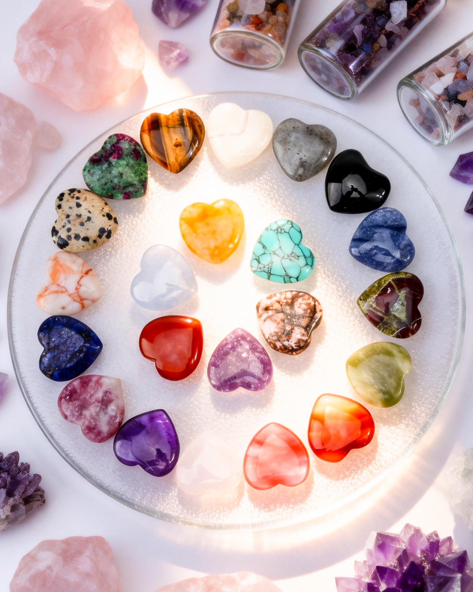 Cristales Curativos Naturales 24 Piezas - Chakras Piedras Naturales Energéticas de Corazón - Set de Chakras Piedras para Meditación, Reiki y Alivio del Estrés - Regalo de San Valentín para Parej
