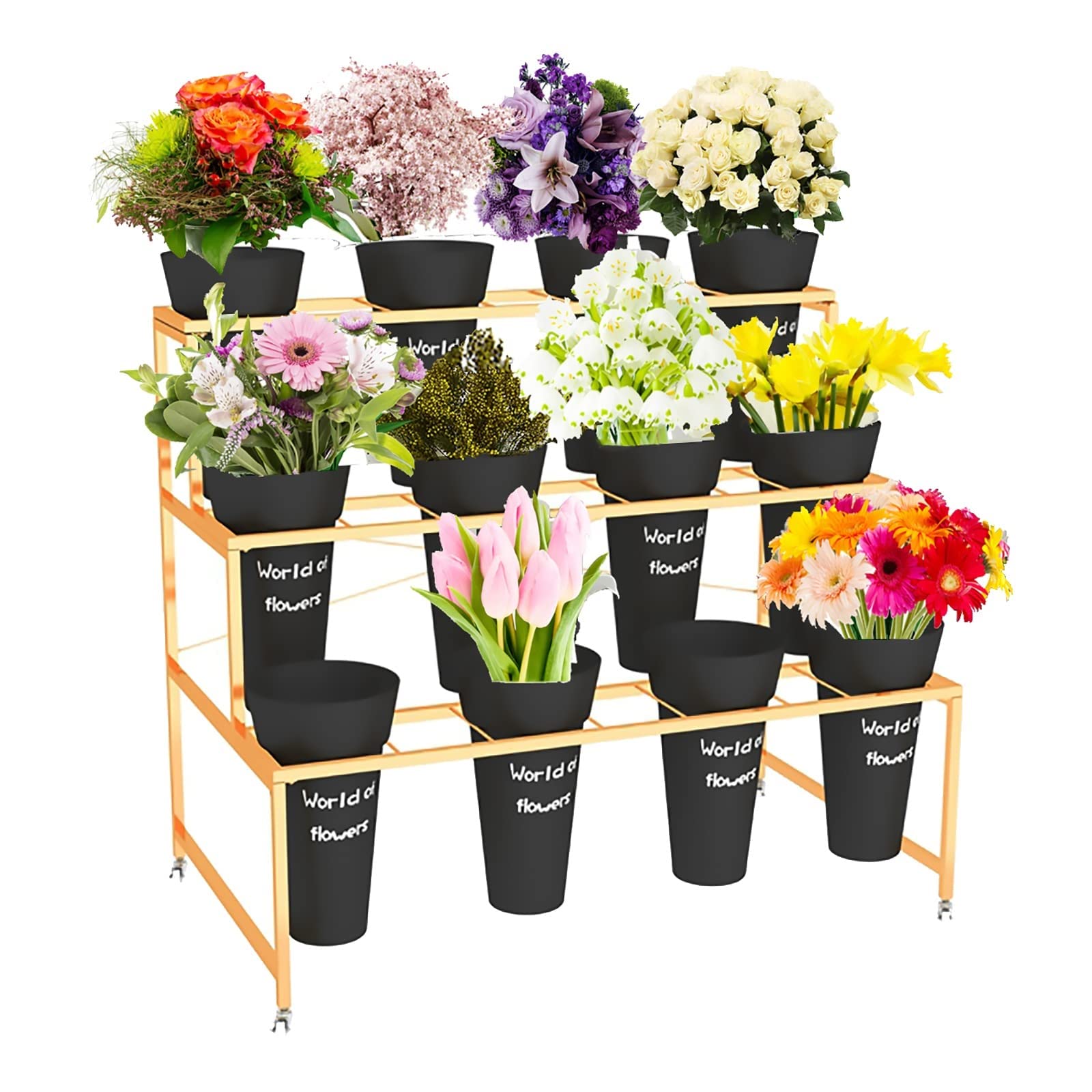 Espositore per Fiori, Carrello per Piante Mobile per carichi Pesanti a 3 Strati con Ruote, con secchi in plastica, Facile da installare, Adatto per Interni (D)