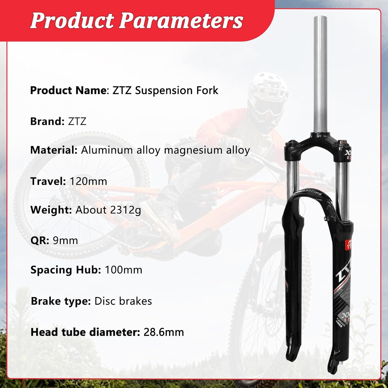26/27.5/29 Inch MTB Suspension Fork, Travel 120mm, 28.6mm Straight Tube QR 9mm, 100mm Spacing Hub, Crown Lockout Aluminum Alloy Shock Absorber XC Mountain Bike Front Fork