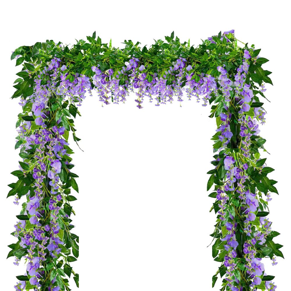 4 Pcs Artificial Wisteria Garland Artificial Flower Vine Silk Fake Wisteria Vine Flower Garland for Wedding Garden Outdoor Decor Total 26.2Ft(Purple)