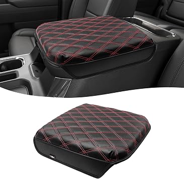 KBH Center Console Armrest Cover for Chevy Silverado & GMC Sierra 2019-2026, Tahoe & Suburban & Yukon 2021-2026 Bucket Seat, Vinyl Leather Trim, Black-Red Double Stitch