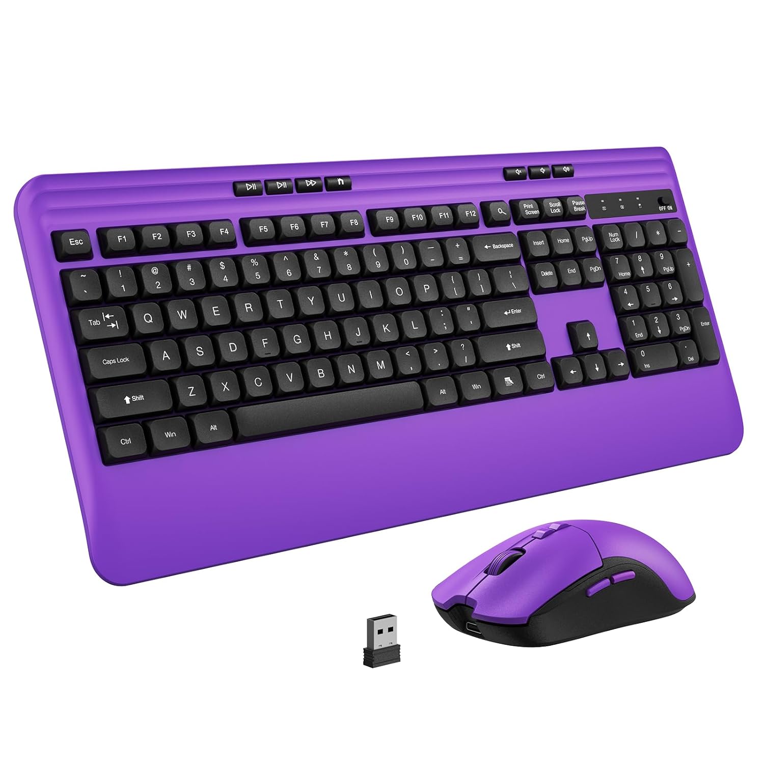 Wireless Keyboard and Mouse Set with Quiet Keys, 2.4G Full Size Purple Keyboard and Mouse with Wrist Rest, Protective Covers, Soft Touch Silent Design for Windows, Computer, PC and Laptop