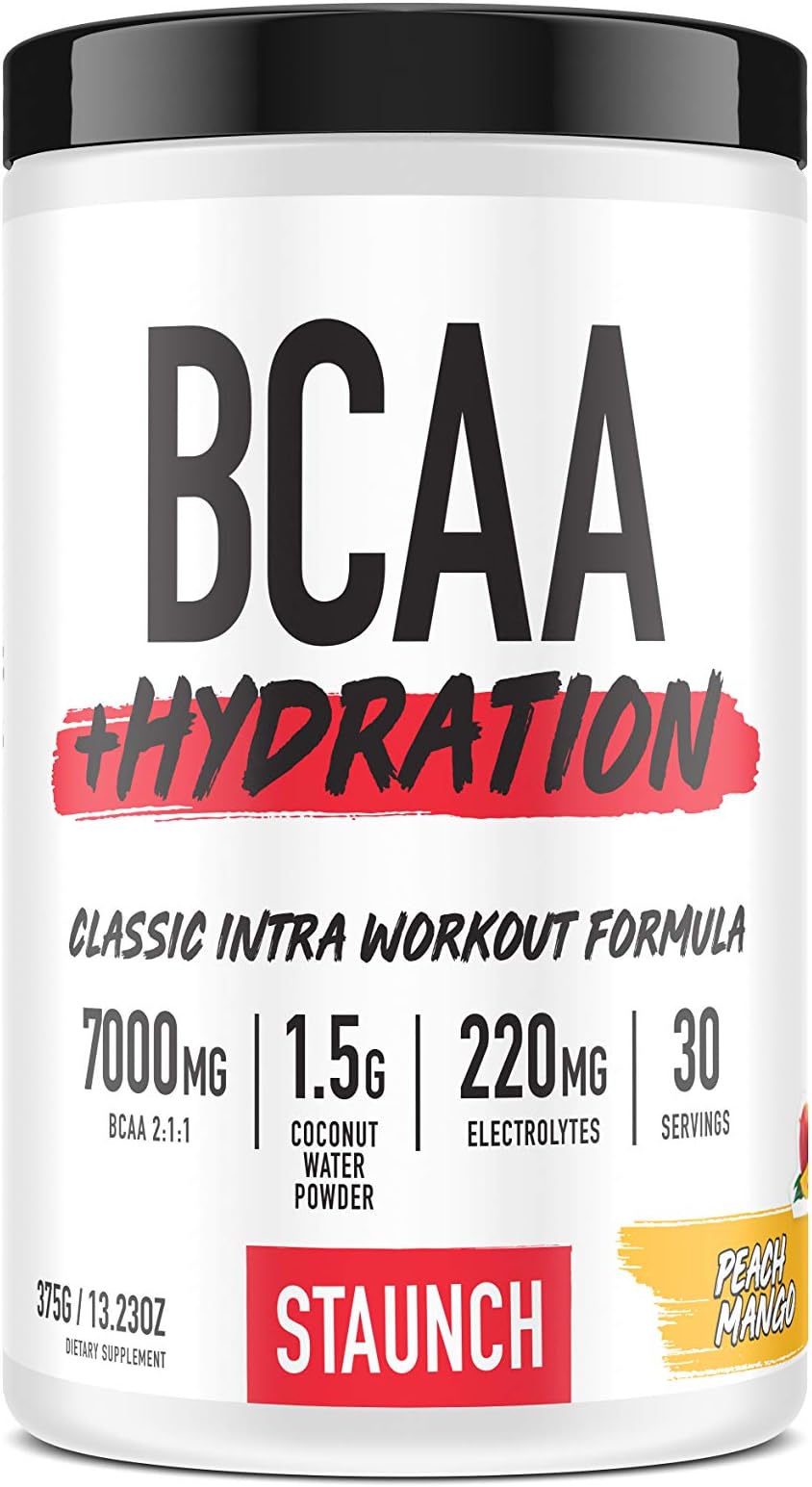 Staunch BCAA Powder - BCAA + Hydration Complex - Peach Mango 30 Servings - Recovery and Coconut Water Hydration Branched Chain Amino Acid Complex