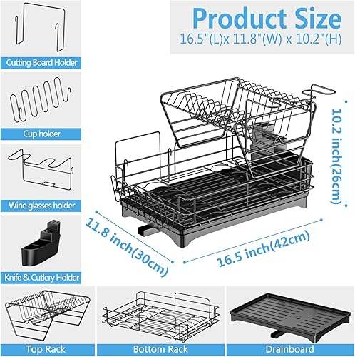Miniatura 7 de Escurridor de platos para encimera, resistente al óxido, ahorra espacio y multiusos, de 2 niveles, para encimera de cocina con soporte para