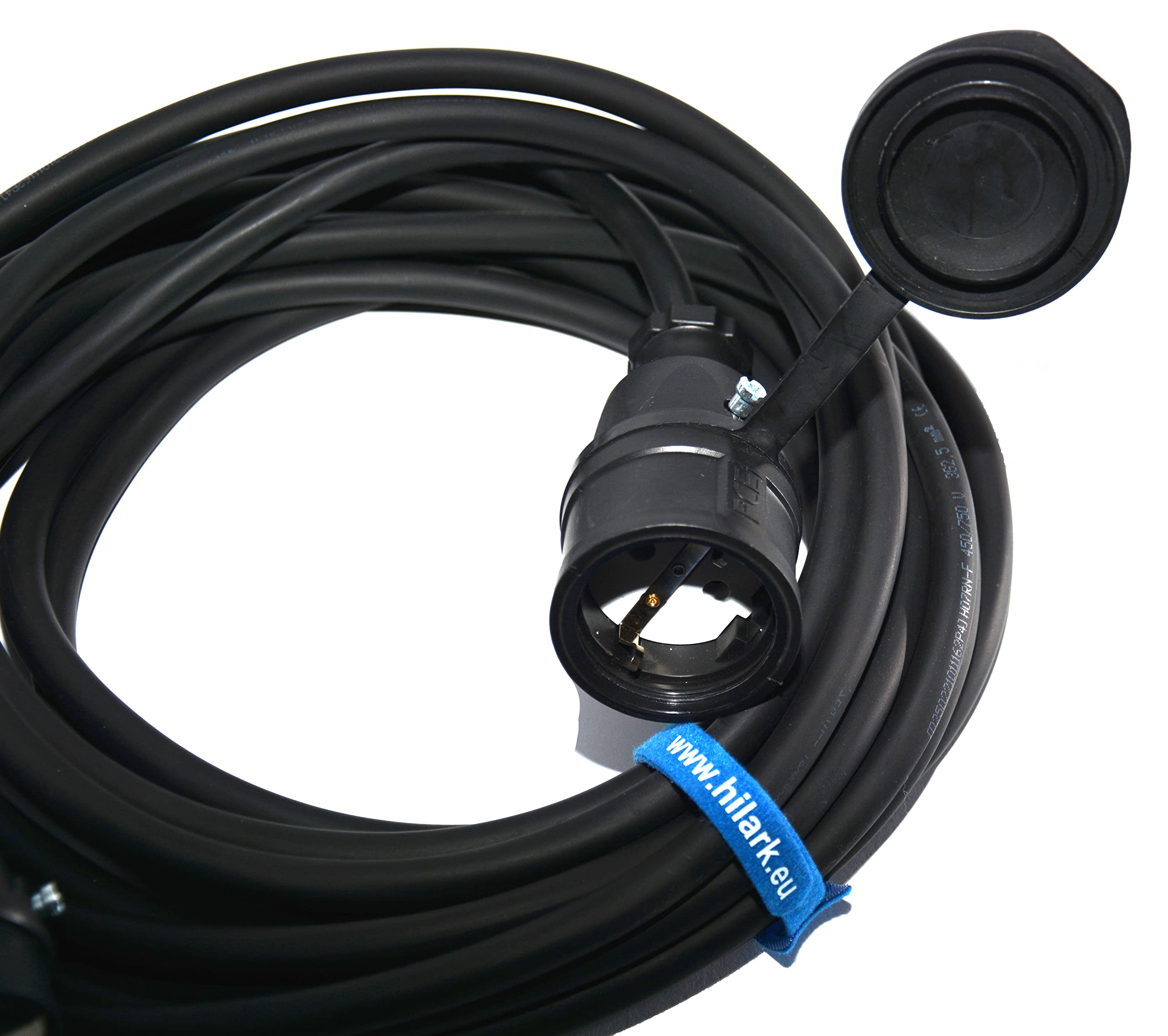 Hilark Cable Tech alargador de 3 núcleos de 1,5 mm², IP44 con Enchufe Schuko, Cable de extensión H05VV-F 3G1,5 mm2 (3x1,5), Enchufe Schuko con Tapa Protectora, Cable eléctrico PVC (45 Metros, Negro)