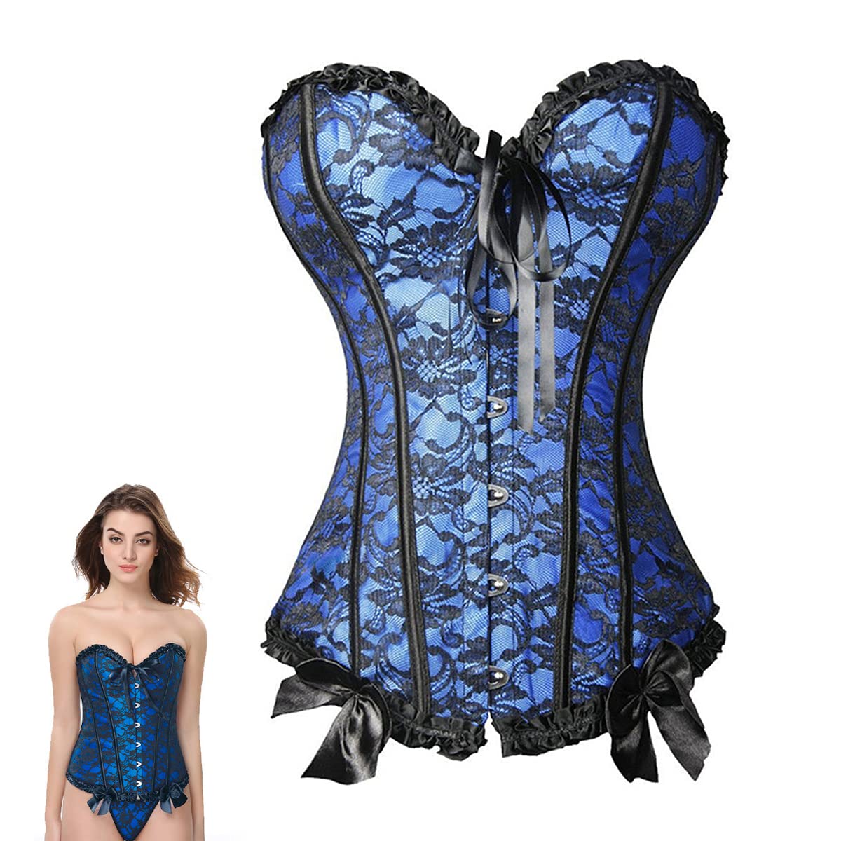 Women's Waist Training Corsets, Blue Sexy Underbust Corset Bustier with G-String, Vintage Boned Corset Party Bustier Cami Tops