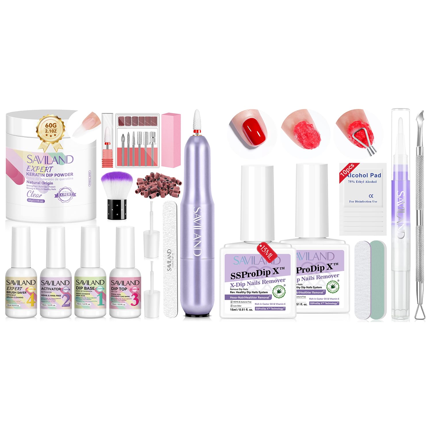 SAVILAND Clear Dip Powder Nail Kit with Drill 60g & 2Pcs Dip Powder Remover