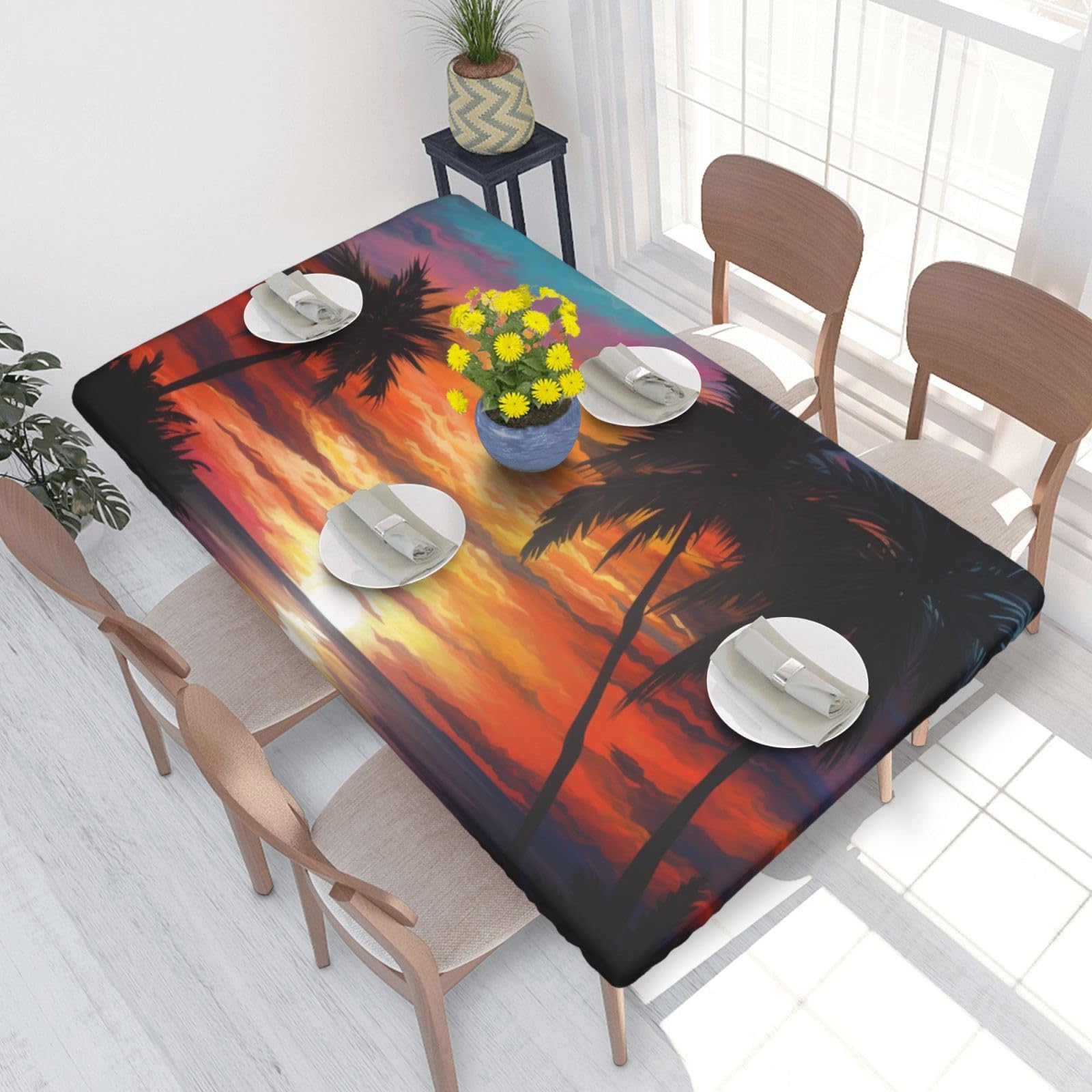Dcarsetcv Tropical Sunset Printed 4Ft Waterproof Tablecloth With Elastic Edged Protect & Decor Your Table, Oil-Proof Washable Table Cloth Cover For Dinner Picnic Party