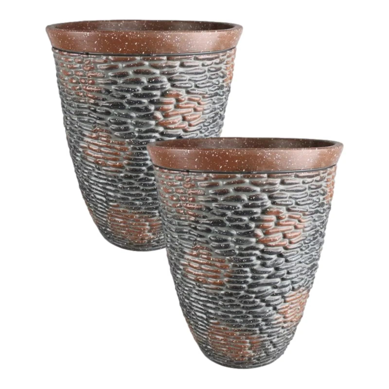 Round Plastic Brown Plant Pot 57cm,24inch Tall Rustic Stone 50L Garden Indoor Outdoor Planter Cover Drainage Holes, Weather, Frost Proof (2)