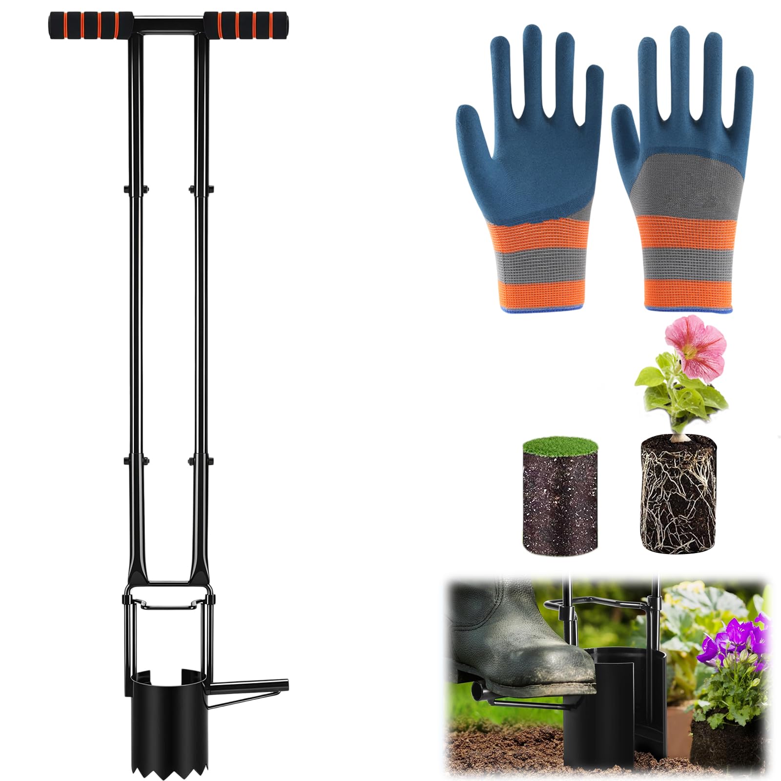 Planteur de Bulbes de 95 cm avec Gants, Profondeur de 11.9 cm, Aide à la Plantation avec Bord en Dents de Scie, Aérateur d'ampoule pour Tulipes, Jonquilles, Oignons, Pommes de Terre, Tomates