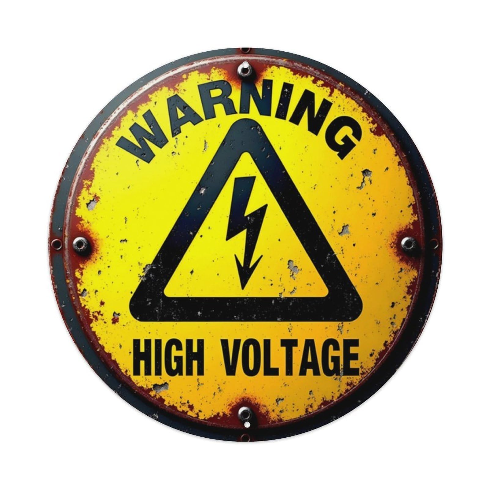 Warning High Voltage Vintage Safety Caution Round Sign Vintage Aluminium Metal Sign, Retro Wall Decor for Home, Bar, Garage & Farmhouse 20x20cm