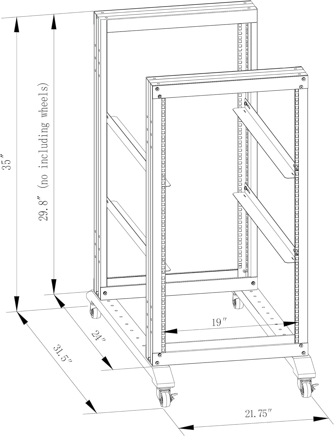 15U Server Rack/4-Post 19in Network Rack/Open Frame Rack with Wheels, Heavy-Duty Frame Cabinet/Adjustable Depth 24-22in GLOBALRACK(4POST-800-15U)