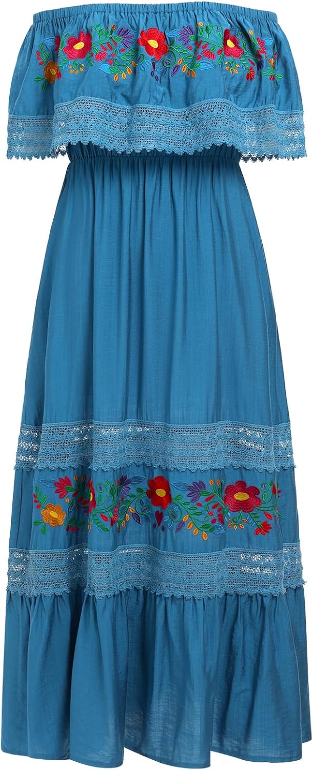 Mexican Dress for Women Traditional Off Shoulder Embroidered Present Casual Lace Long Maxi Dress Cinco de Mayo Outfit - Image 4