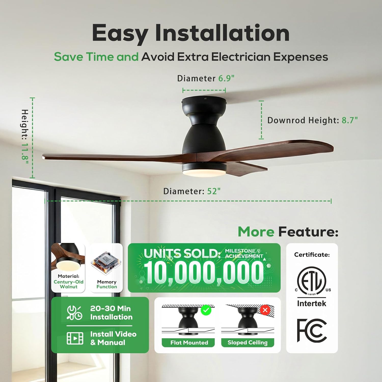 52in Smart Flush Mount Ceiling Fans with Lights,Outdoor Low Profile Wood Ceiling Fan Quiet DC Motor,Work with Alexa/Gg Voice Control/App/Remote,Dimmable,6-speed,3 Wood blades Fan for Patio,Dark Walnut