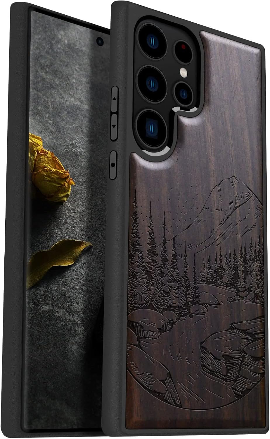Carveit Wood Case for Galaxy S23 Ultra Case [Natural Wood & Black Soft TPU] Shockproof Protective Cover Unique & Classy Wooden Design Compatible with Samsung S23 Ultra (Natural Landscape-Rosy)