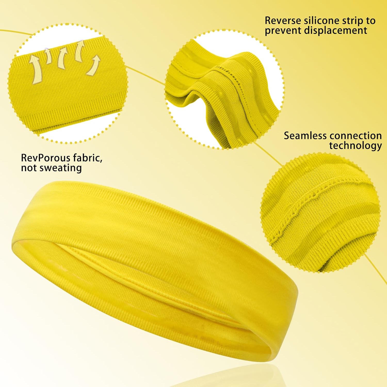 5PCS Yellow Sport Headbands for Women Men Non Slip Workout Headband Soft Silicone Fitness Headband Elastic Sport Sweatbands Hairbands for Yoga Running Sports Travel Indoor Gym - Image 4