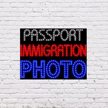 LED Passport Immigration Photo Sign for Retail Business Displays |Advertising Electronic Light Up Sign for Windows Walls | 20"h x 26"w x 1"d