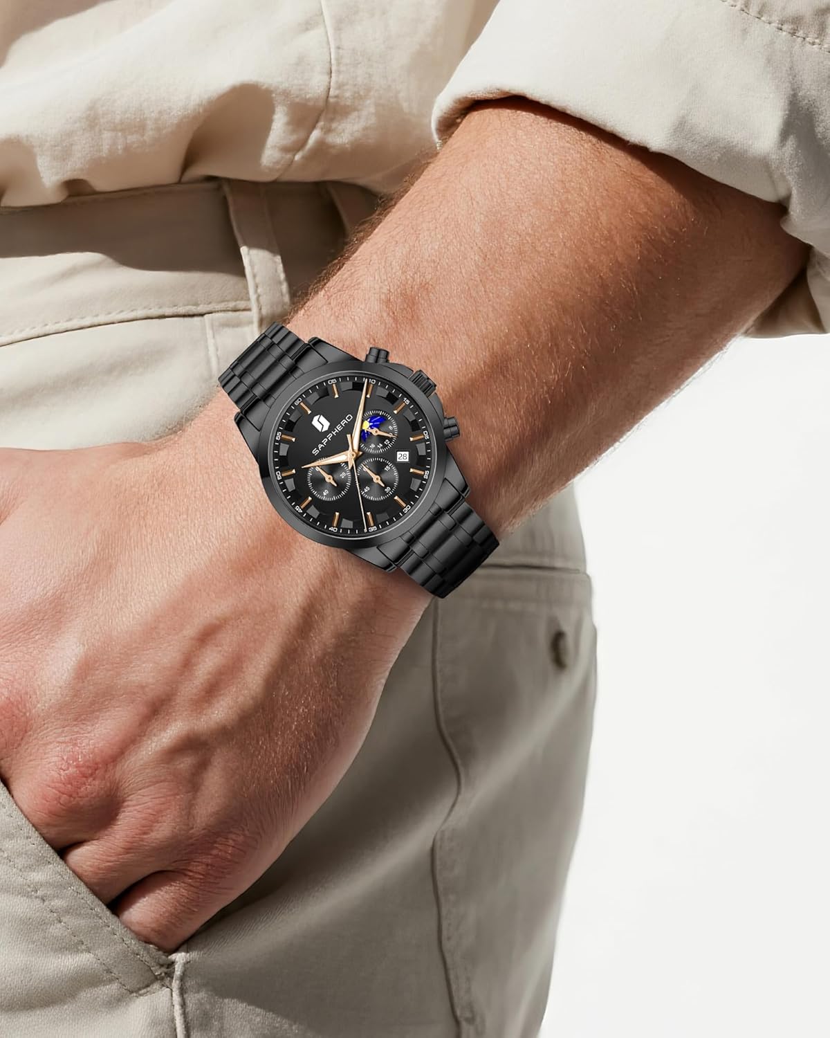 SAPPHERO Men's Watches Stainless Steel Chronograph Waterproof Quartz-Business Casual Dress Watch for Men Luminous Date Gold/Silver/Black Design-Easy-to-Read Luxury Dial-Leather Unique Elegant Gift - Image 3