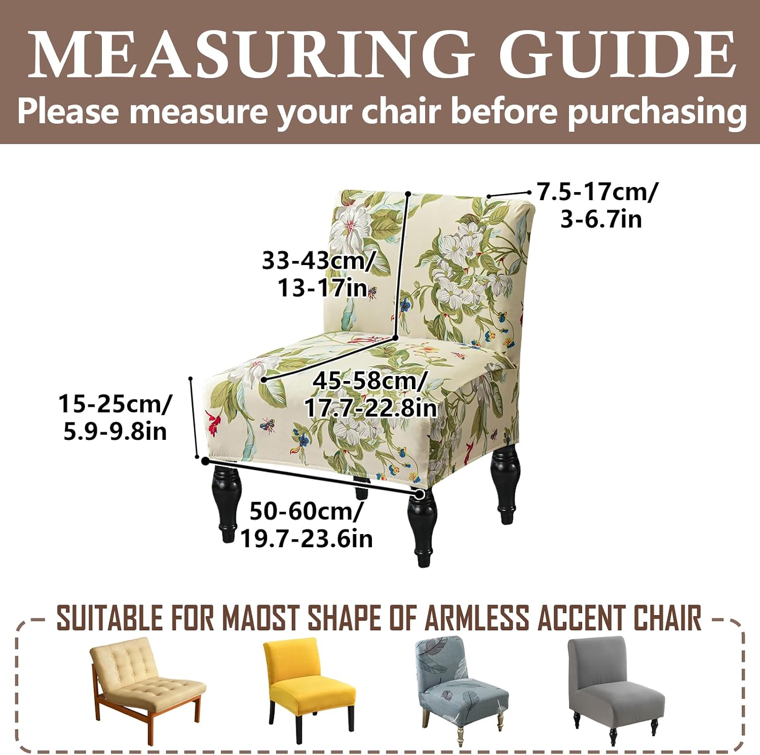 Printed Accent Chair Cover Decorative Armless Chair Slipcover Stretch Slipper Chair Covers Washable Furniture Protector for Living Room Dining Room Spring Floral