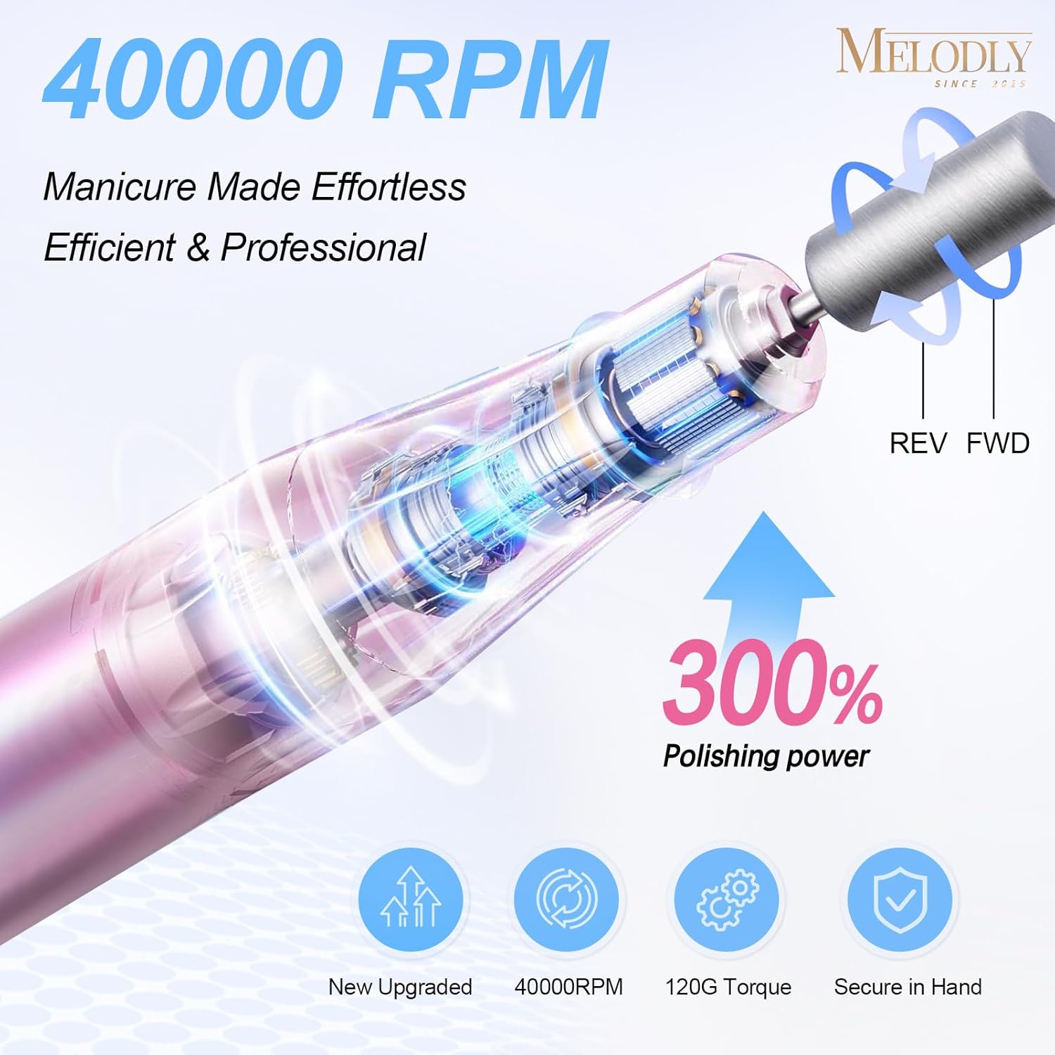 Electric Nail Drill File Professional 40000 RPM, Melodly Rechargeable Electric Nail File Machine Kit for Acrylic Gel Nails Polishing Removing, Portable Cordless Efile with Gold Bits Kit at Salon Home - Image 3