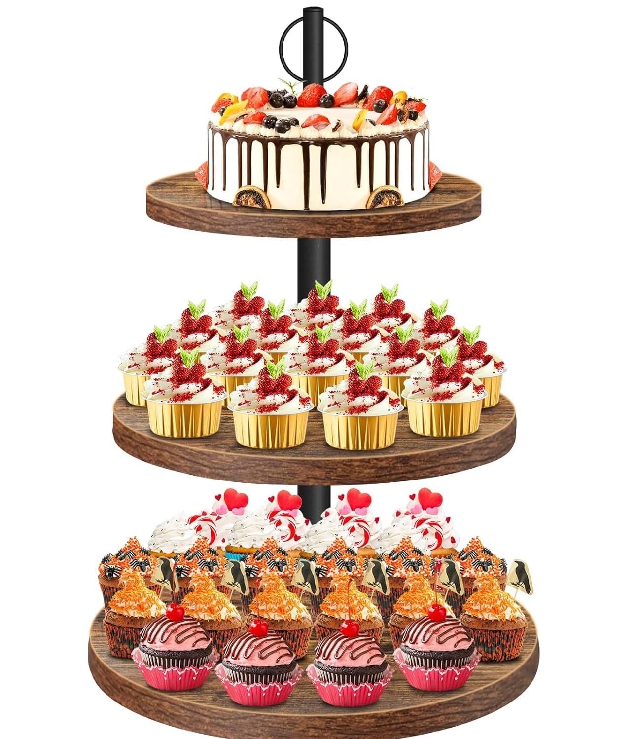 Présentoir à cupcakes en bois rustique à 3 niveaux pour buffet de mariage et 50 pièces