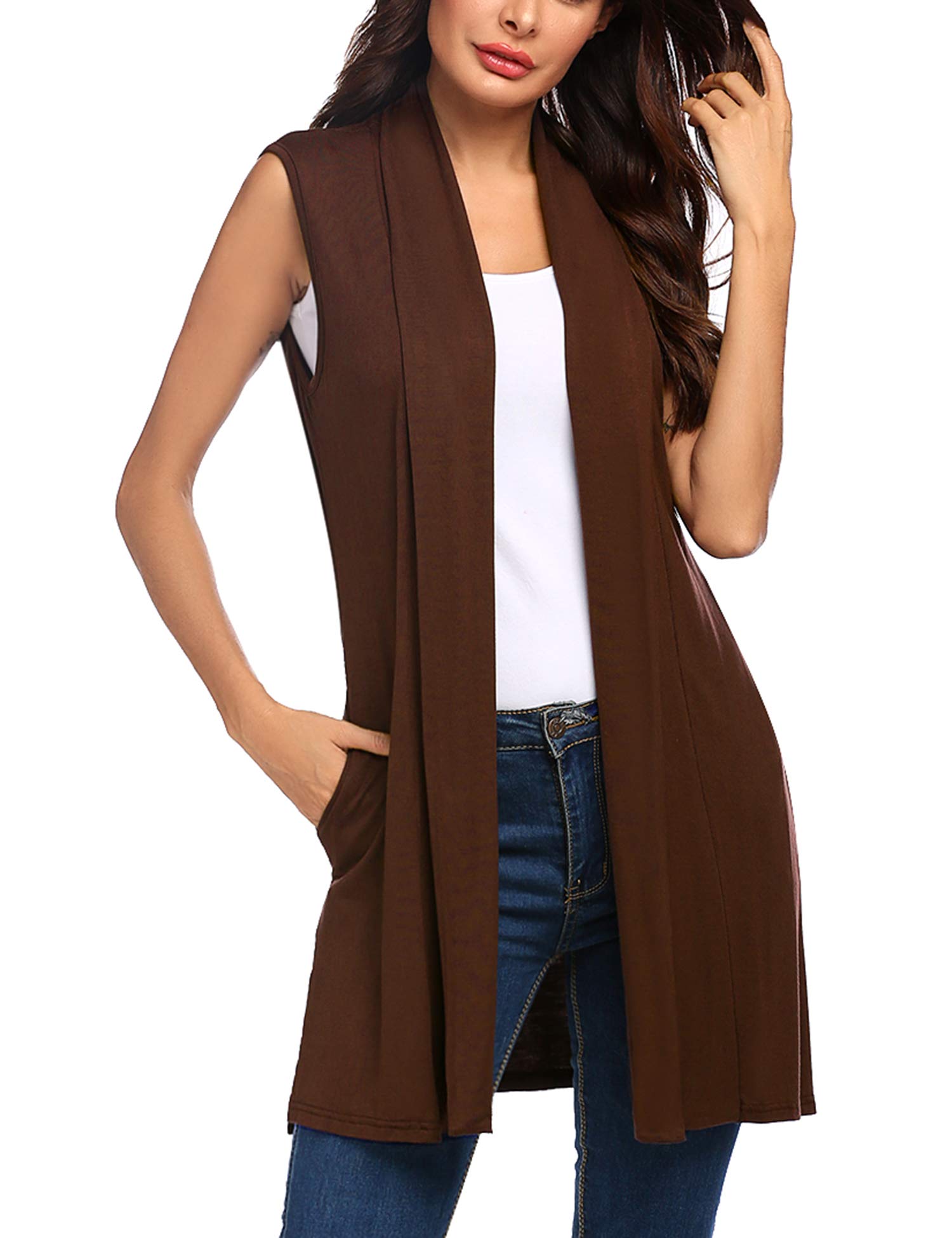 Beyove Womens Long Vests Sleeveless Draped Lightweight Open Front Cardigan Layering Vest with Side Pockets