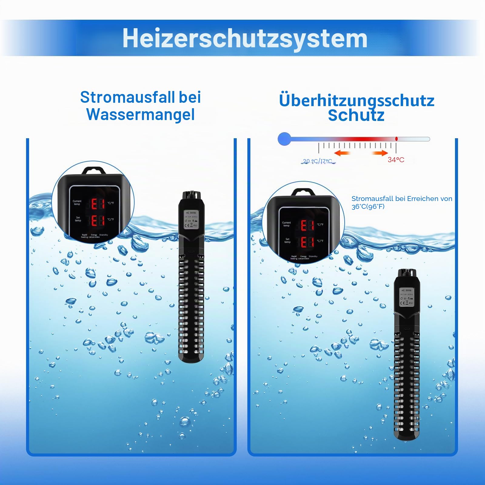 Aquarium Heizung, 500W Einstellbare Aquarium Heizstab mit Externem Digitalanzeige LED Controller, Übertemperaturschutz, Heizung für Aquarien für Salz- und Süßwasser(100-300L)