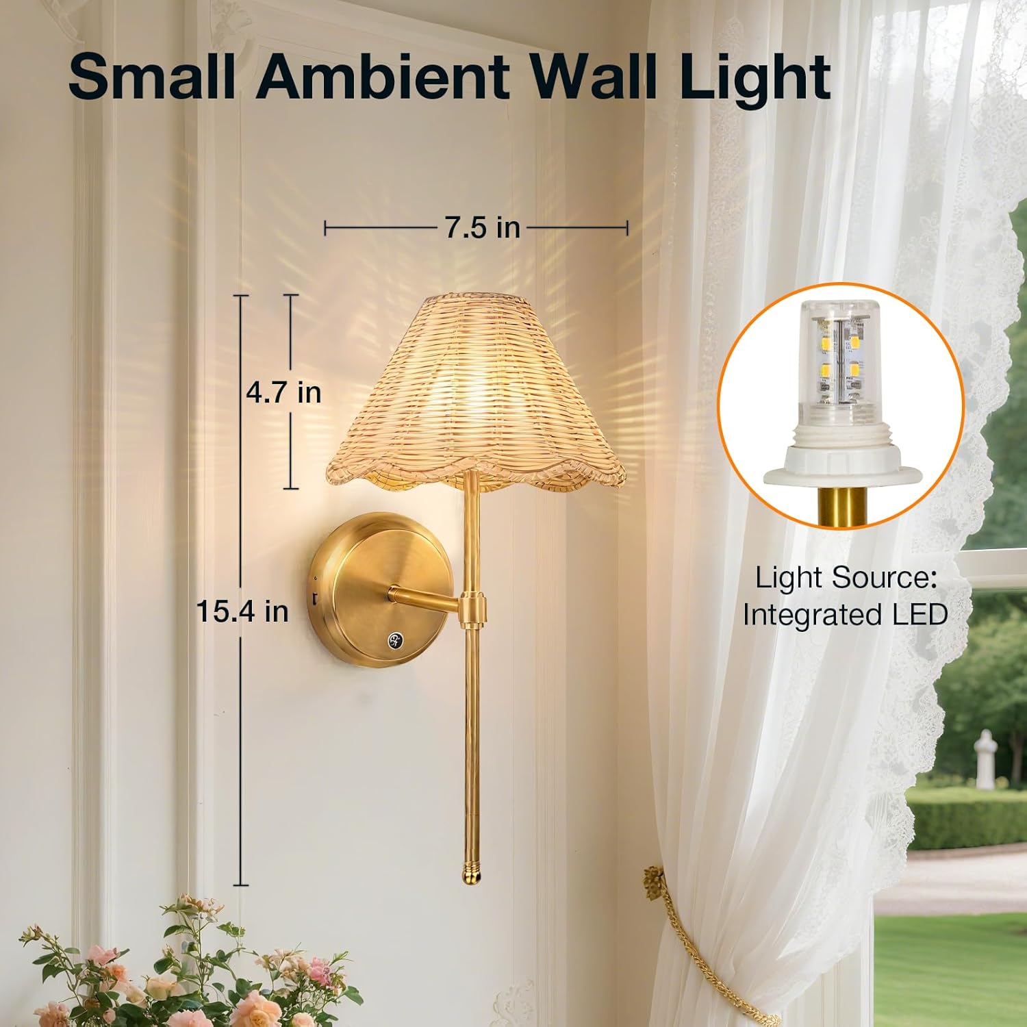 Battery Operated Boho Rattan Wall Sconce Set of 2, Stepless Dimming Magnetic Wall Lamp, 5200mAh Rechargeable Battery and Integrated LED, for Living Room Bedroom Hallway Corridor