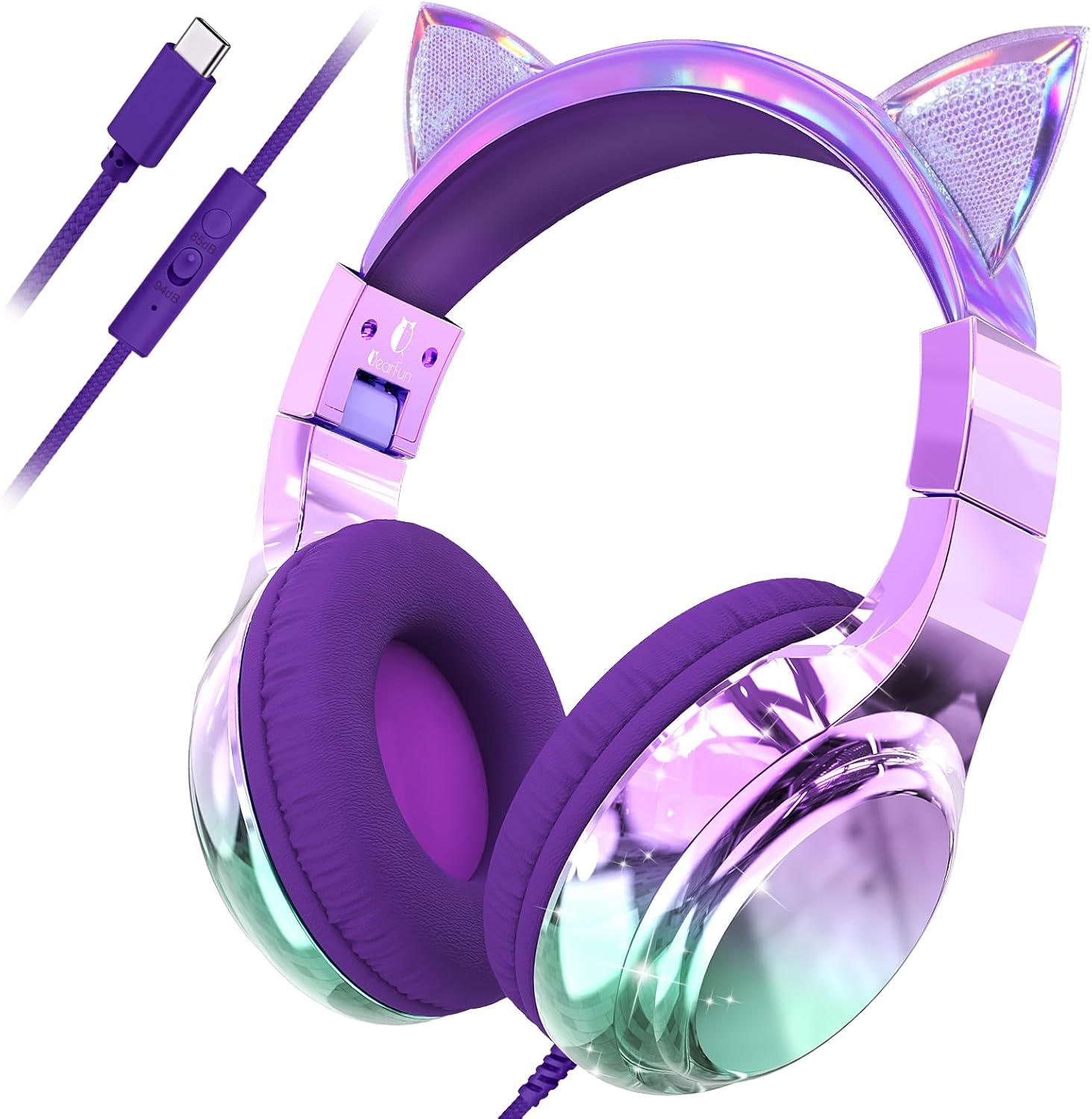 QearFun Kids Cat Ear Headphones with USB C for Girls with Microphone, 85/94dB Safe Volume Limiter, Tangle-Free Cord, Share Port, Foldable Sparkly Wired Headset for School, Travel, Tablet, iPad