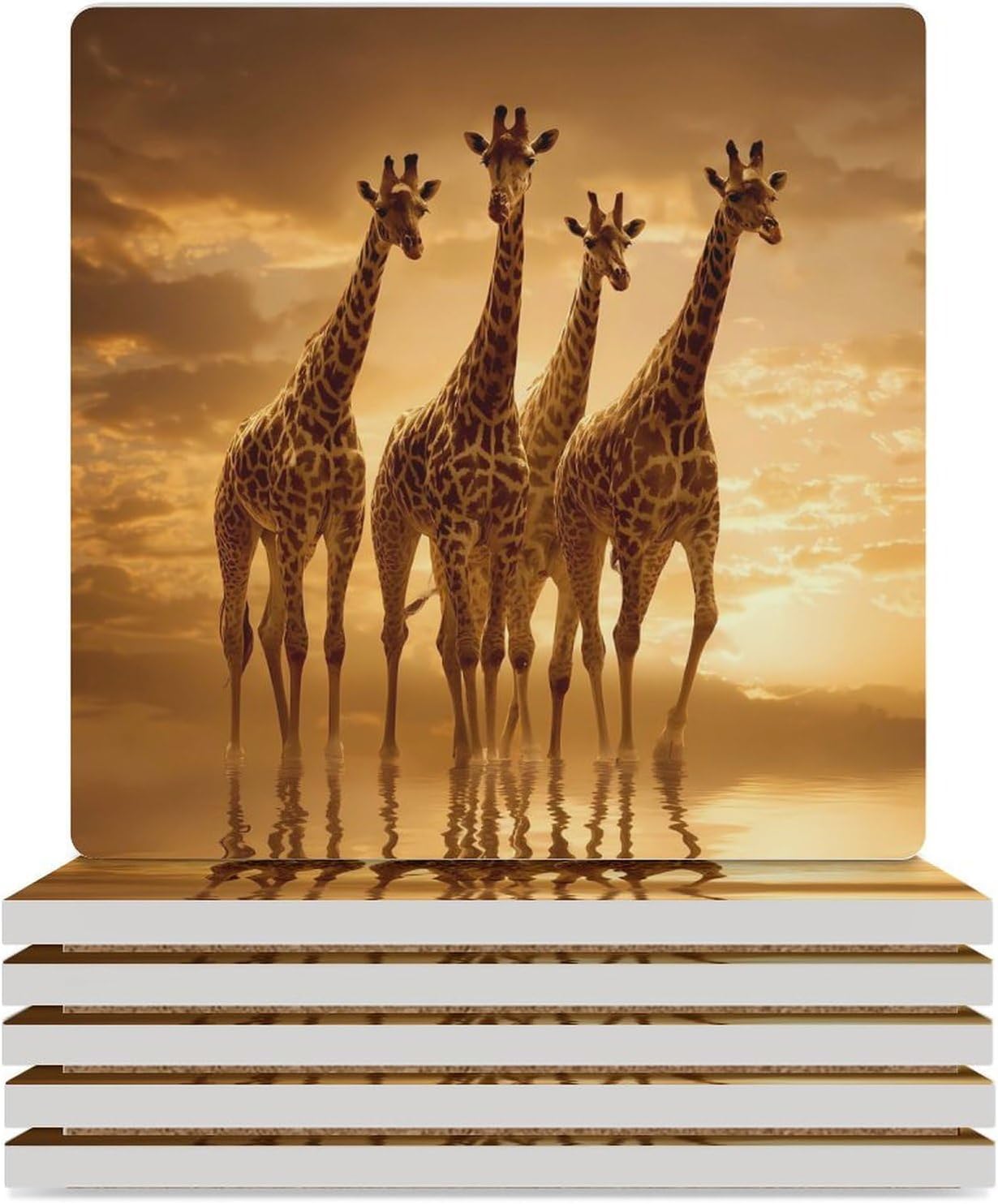 Giraffe Wild Animal Coaster for Drinks Square Ceramic Table Coasters Stone Mat Crafts 6PCS Home Kitchen Decor