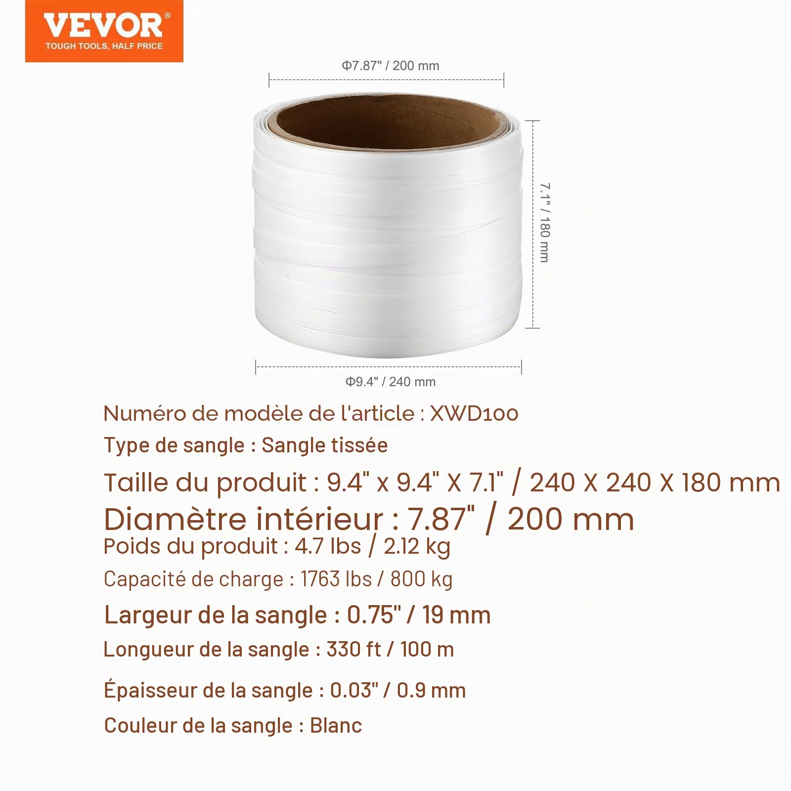 VEVOR Rouleau de cerclage en sangle tissée pour emballage, 100 m x 19 mm x 0,9 mm, bobine de cerclage robuste pour palettes, haute résistance 800 kg, feuillard de cerclage tressé portable, blanc