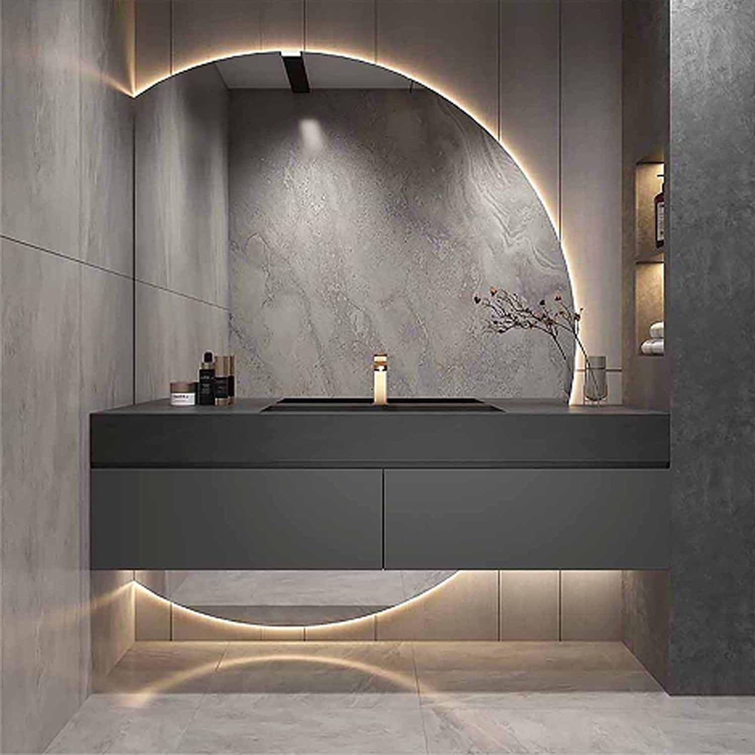 Miroir anti-buée tactile demi-cercle 100x70cm dimmable 3 couleurs