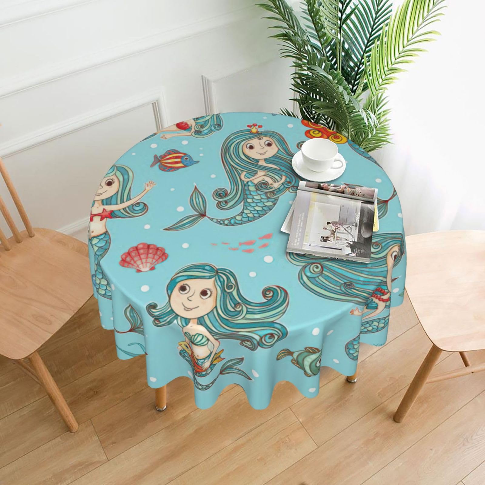 SDEGTHO Marine Sea Life Print Modern Retro Round Tablecloth 60in Polyester Fabric Cover for Party Dining Table Washable