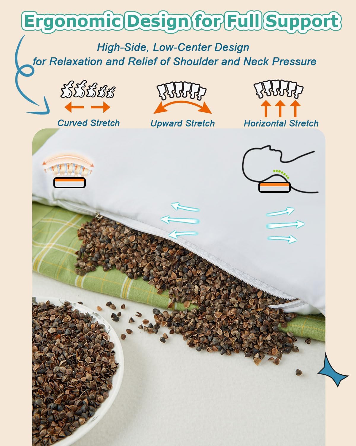 Rectangular Buckwheat Pillow – 20"x10" Adjustable Cooling Bed Pillow for Back, Side Stomach Sleepers – Adjustable Hull Fill, Washable Cover, Blue