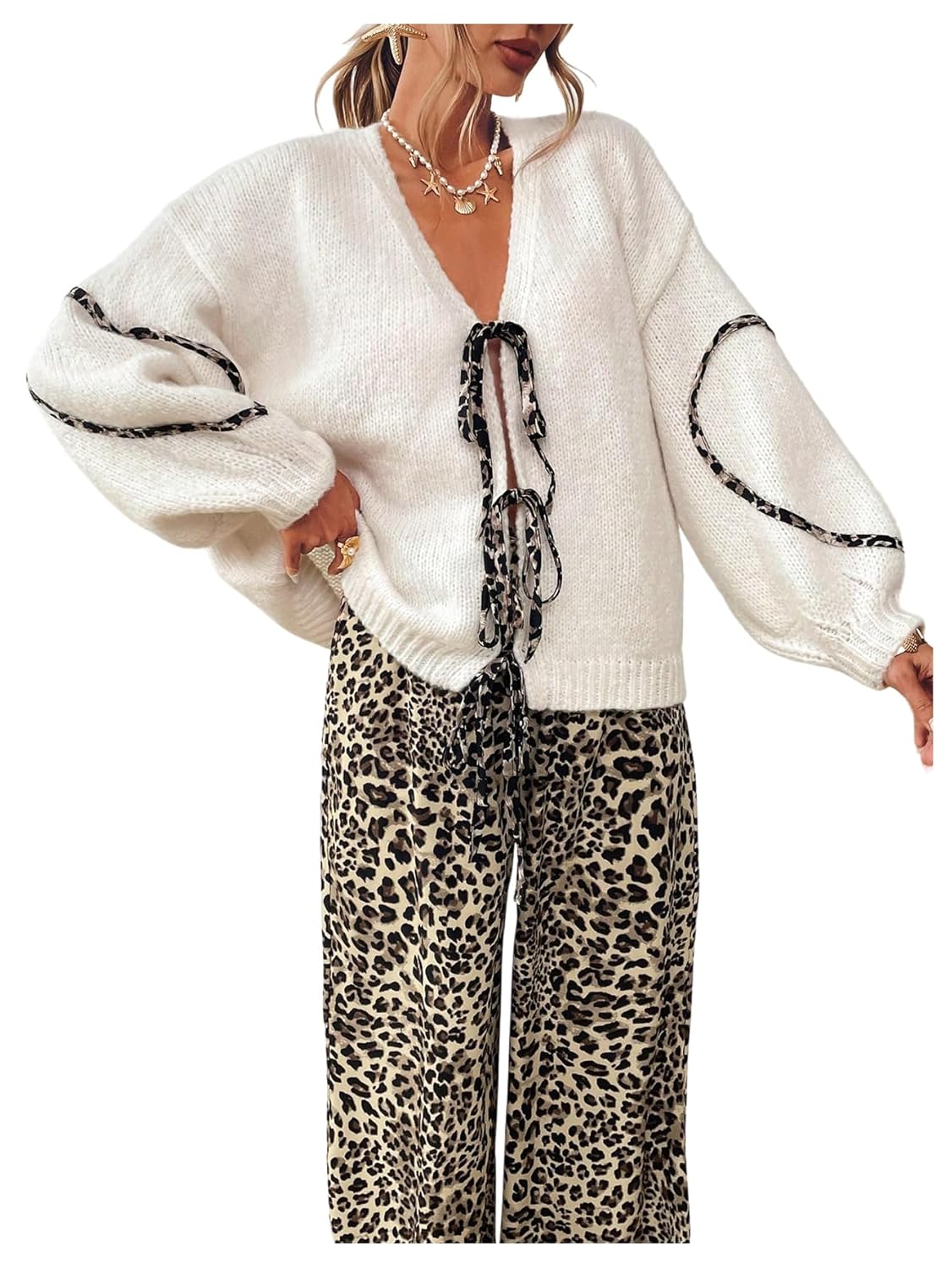 Womens Cheetah Tie Front Cardigan Sweaters Y2K Oversized Long Sleeve V Neck Knitwear