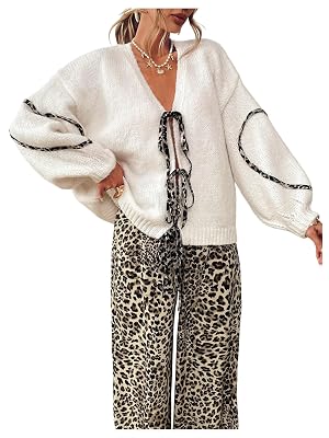 Womens Cheetah Tie Front Cardigan Sweaters Y2K Oversized Long Sleeve V Neck Knitwear