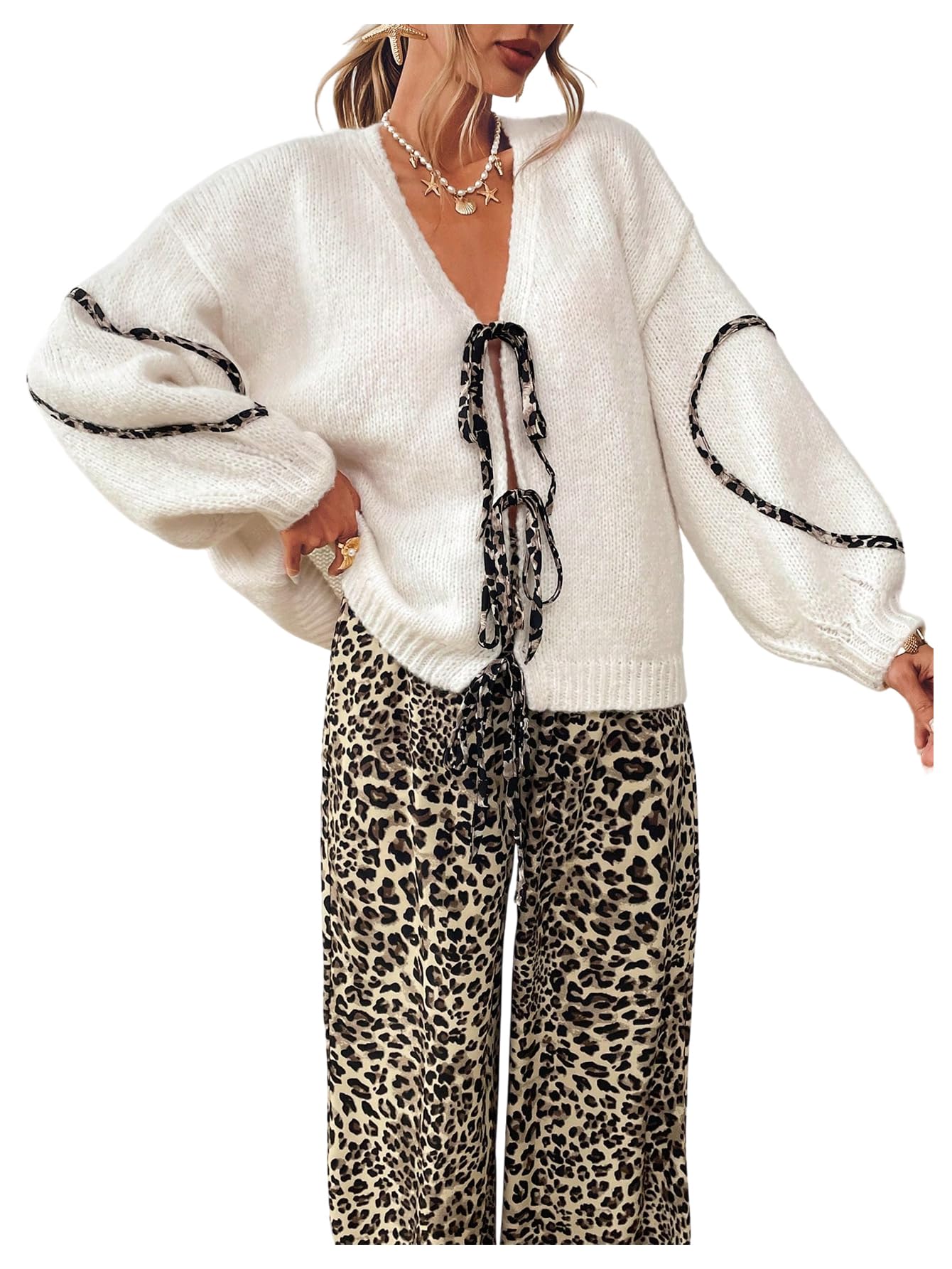 Womens Cheetah Tie Front Cardigan Sweaters Y2K Oversized Long Sleeve V Neck Knitwear