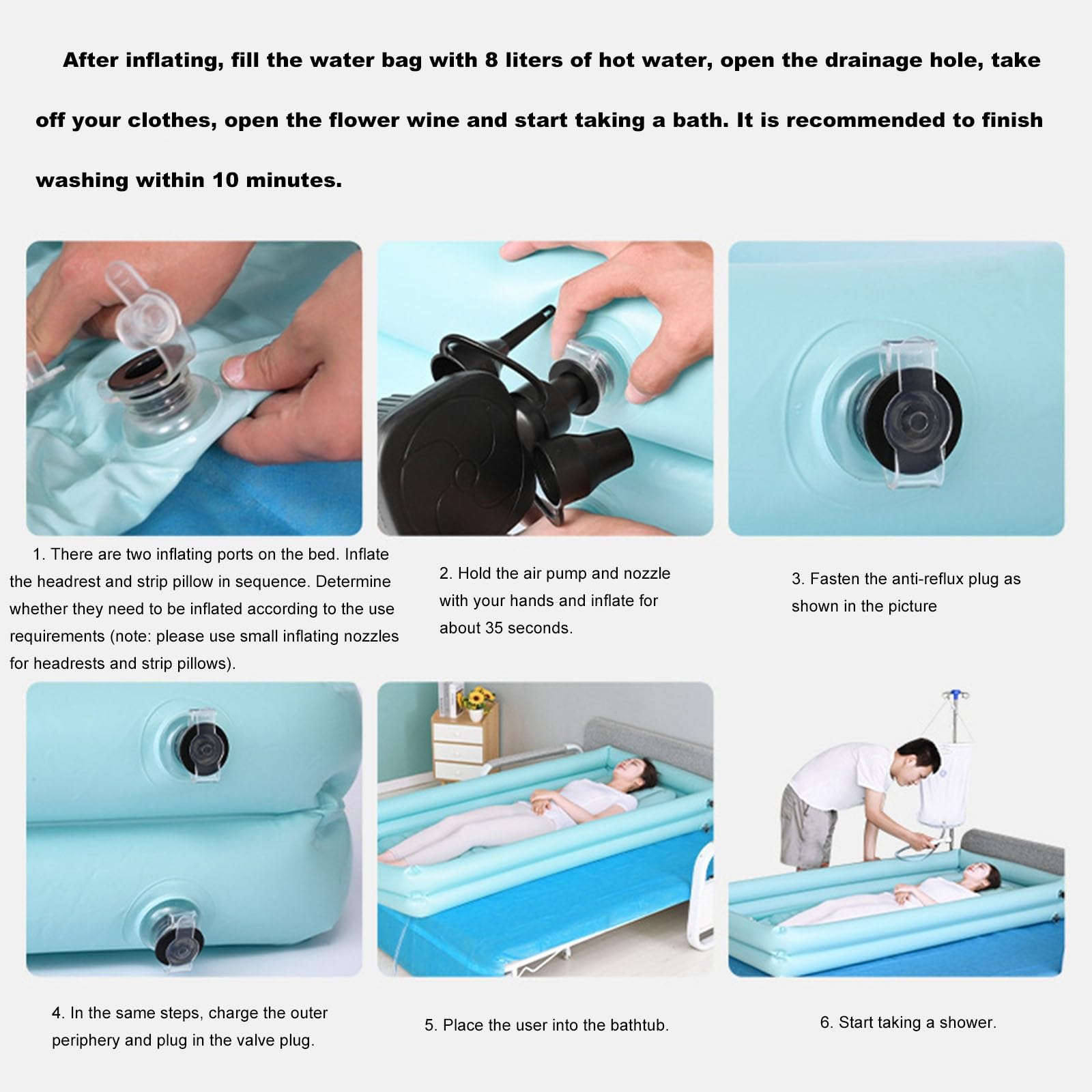 NICHOY Lettino da Bagno Gonfiabile per Assistenza domiciliare per Anziani e disabili,con gonfiatore Elettrico, Borsa da Doccia di Grande capacità da 8 Litri(Blue)
