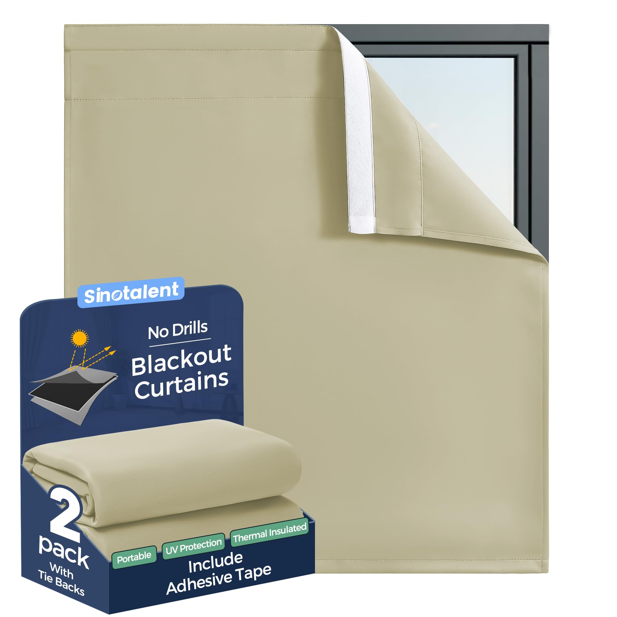 Sinotalent Portable Blackout Curtain No Drill Blinds, Easy Install Blackout Window Cover Bathroom Curtains, Light Blocking Window Curtain Panels Pack