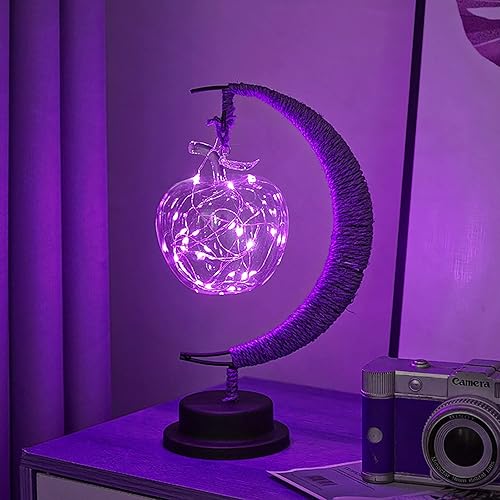 Lámpara lunar encantada, lámpara LED colgante de luna, luz nocturna conmemorativa, adorno de Navidad para el hogar (manzana morada)