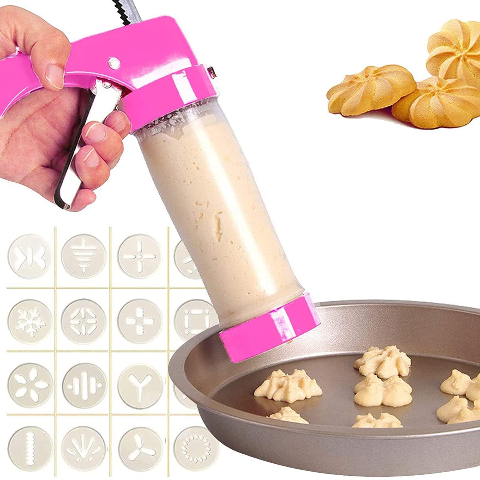 Pistolet à Biscuits en Acier Inoxydable avec 6 Douilles et 16 Disques à Biscuit pour Décoration de Gâteau et Fêtes
