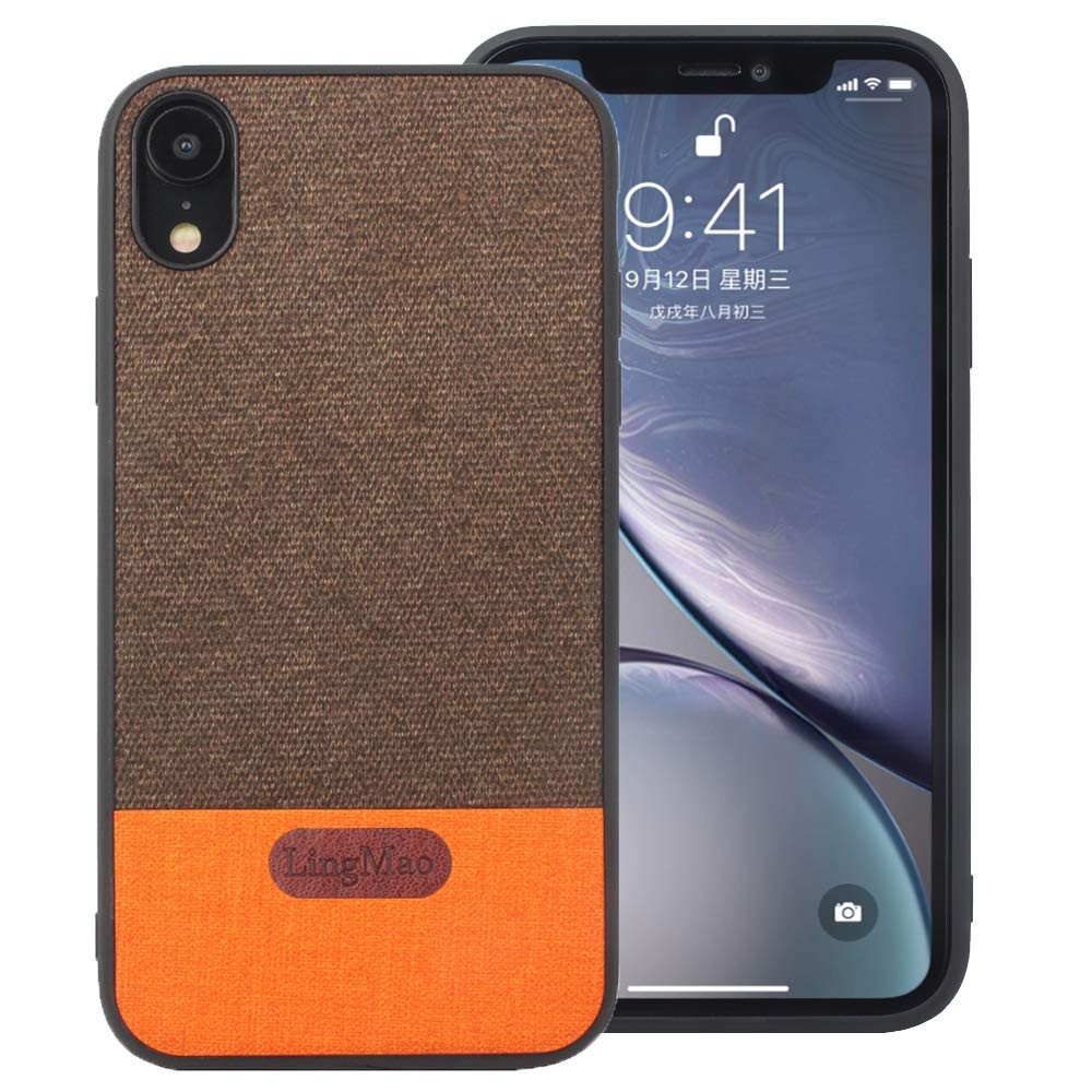Compatible with iPhone XR Case Fabric,Art Cloth Texture Anti-Scratch Shock Absorption Silicone Soft Edge Protection Cover Case for iPhone XR Brown with Orange