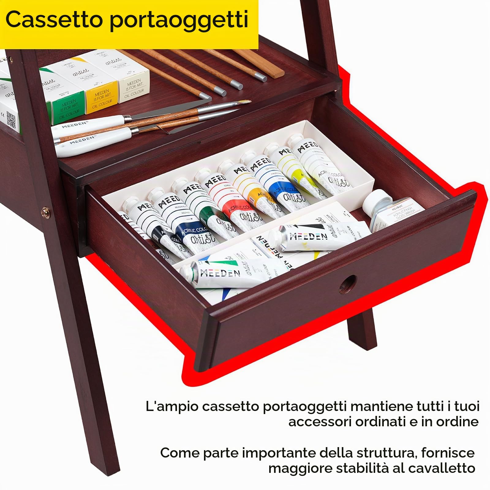 Cavalletto da studio con struttura a H in ciliegia con cassetto portaoggetti – regolabile in legno massello cavalletto per artisti, studenti e adulti, può contenere tele artistiche fino a 88,9 cm