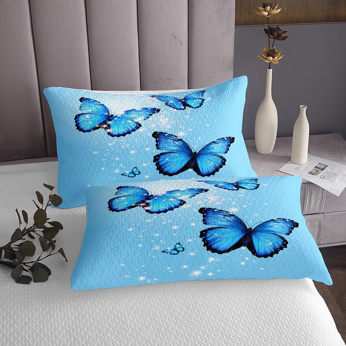 Butterfly Bedspread Blue Butterflies Print Quilt Set for Kids Boys Girls Women Flying Butterfly Coverlet 3D Animal Theme Quilted Bedroom Collection Room Decor 3Pcs With 2 Pillow Case Queen Size