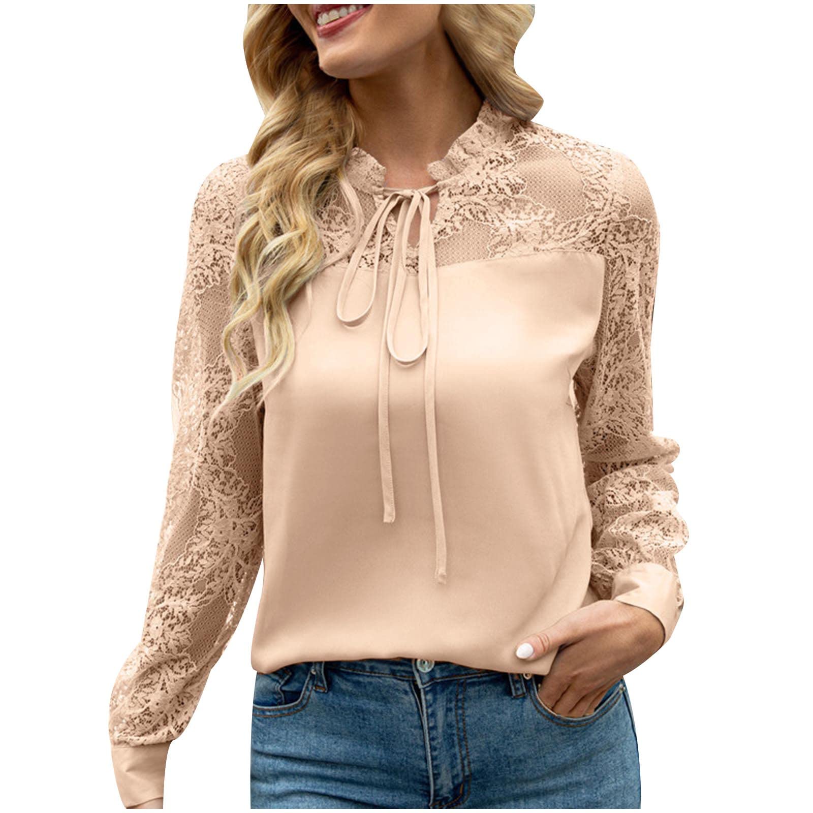 NUSGEAR 2022 Camiseta de Manga Larga Mujer, Moda Color sólido Blusa Elegante Camisa Gasa Fiesta Cuello Redondo Encaje Camiseta cordón Primavera otoño Casual Suelto Tops T-Shirt Original tee vacación