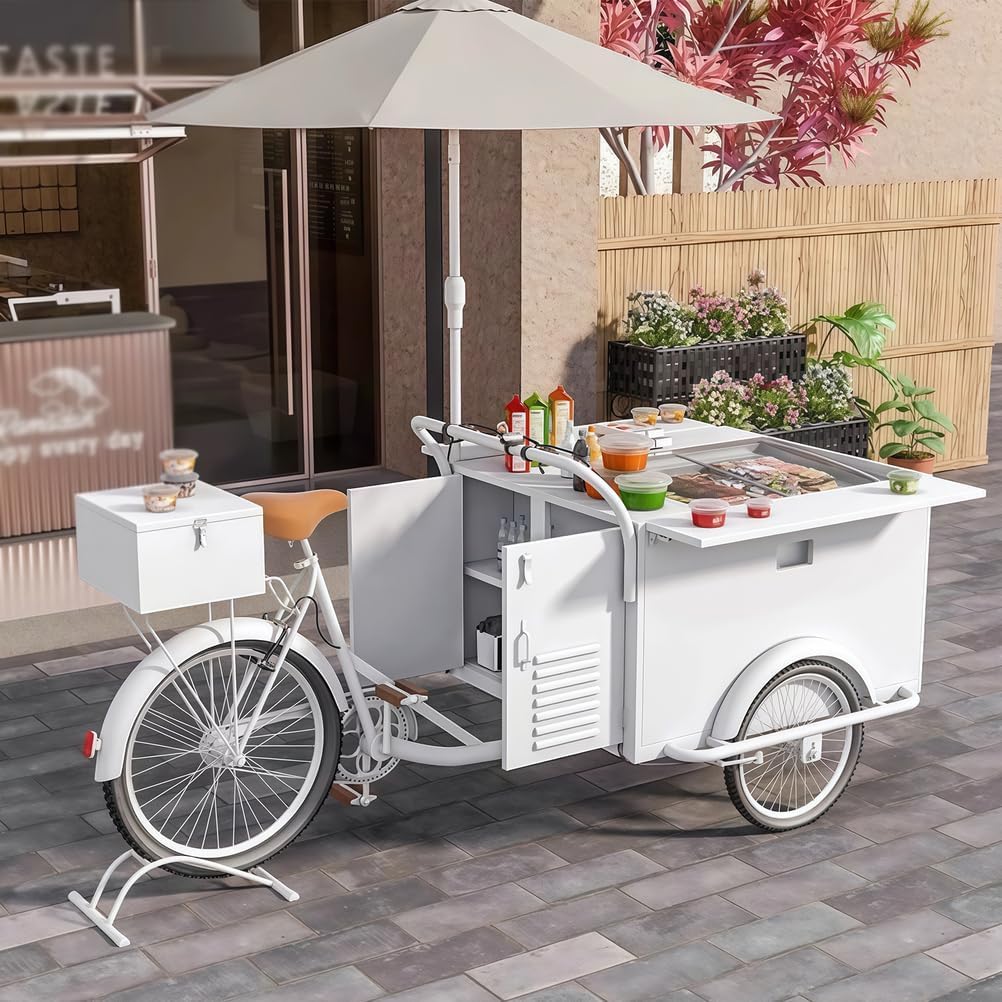 Ice Cream Tricycle Cart Trailer, Mobile Tricycle Food Truck Holds up to 440Lbs with Parasol Umbrella, Vending Trike Mobile Food Beverage Bike Cart,Style1,B