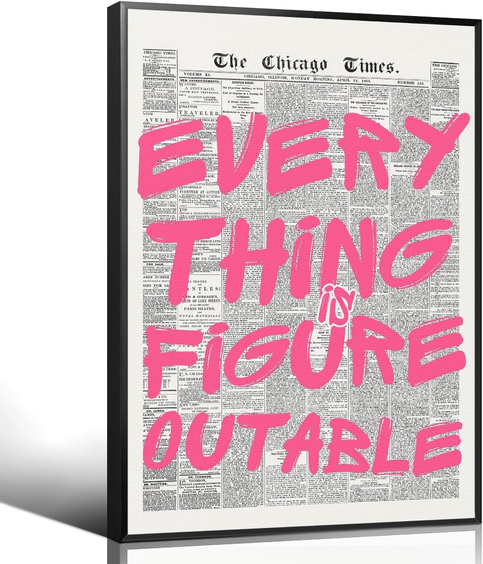 Everything Is Figureoutable Quote Poster, Vintage Black White Newspaper Canvas Wall Art, Trendy Positive Affirmations Picture Print, Inspirational Office Dorm Wall Decor 12x16in Framed